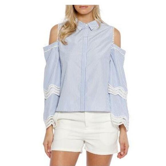 New NWT Walter Baker Darlene Top XS Blue‎ White Stripe Cold Shoulder - Picture 1 of 13